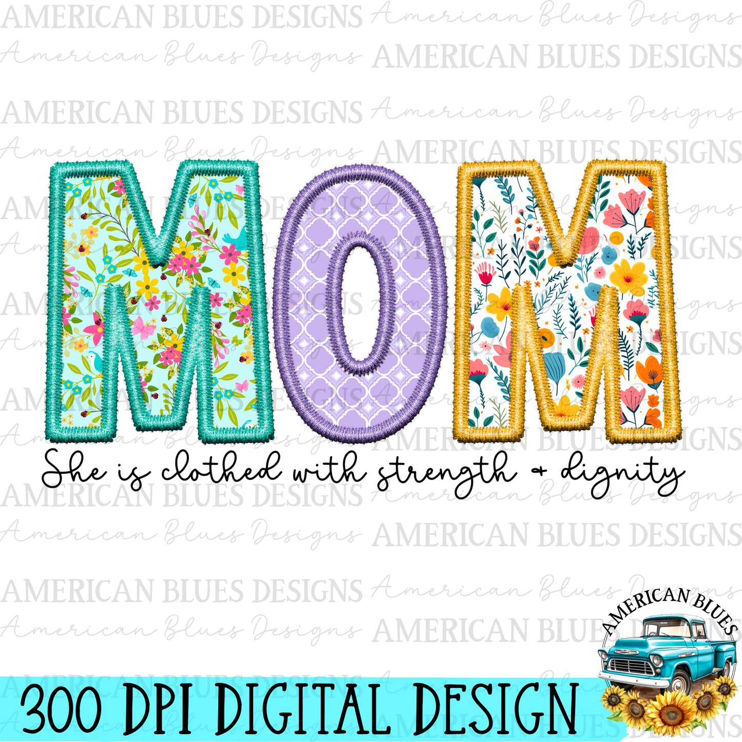 Mom- Spring embroidered name digital design | American Blues Designs