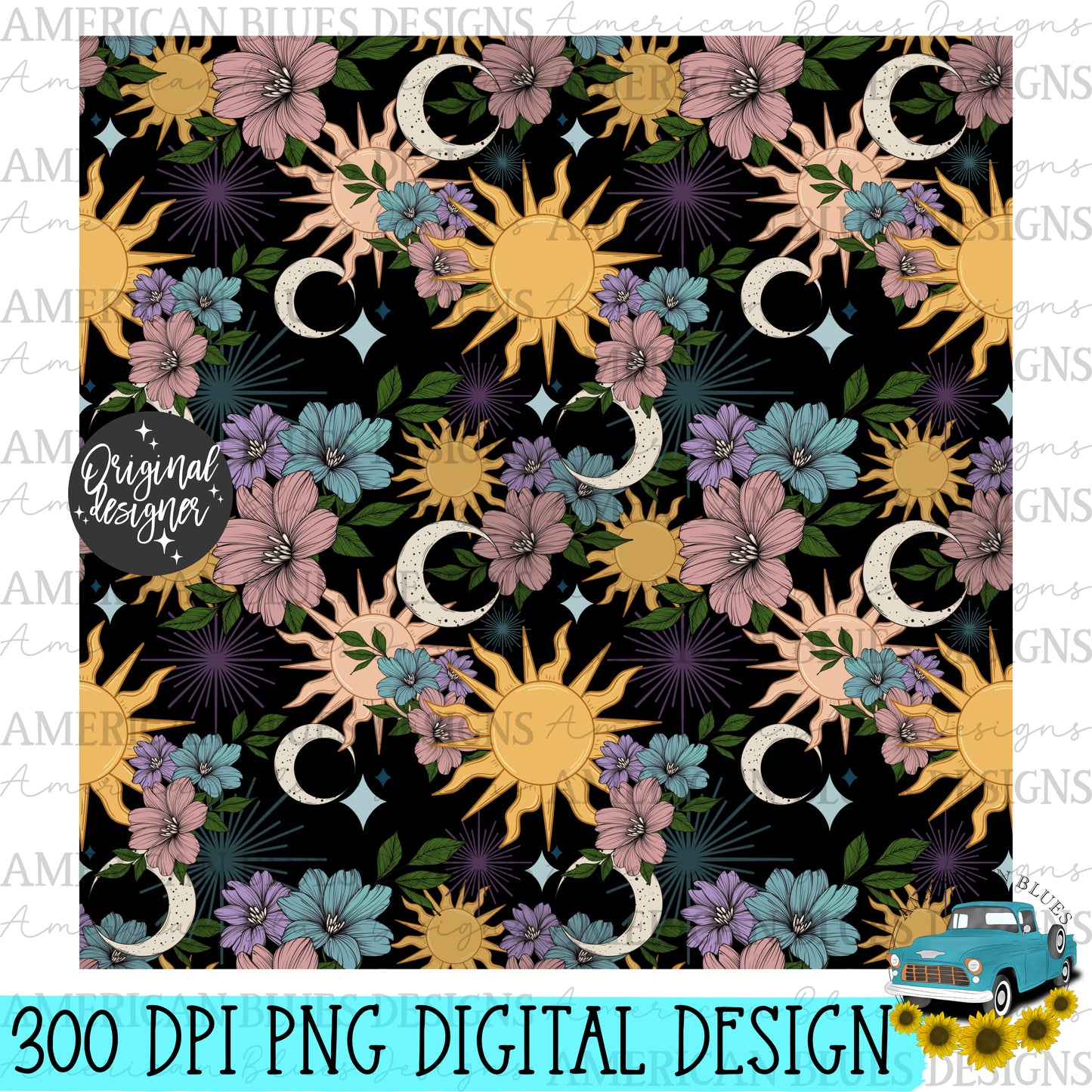 Mystical Moon Seamless Pattern-Cream & black background