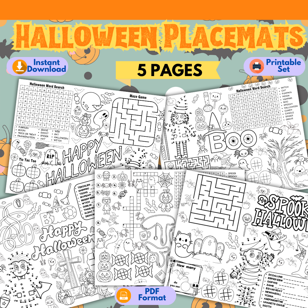 Halloween Printable Activity Placemats – 5 Page Kids Activity Set
