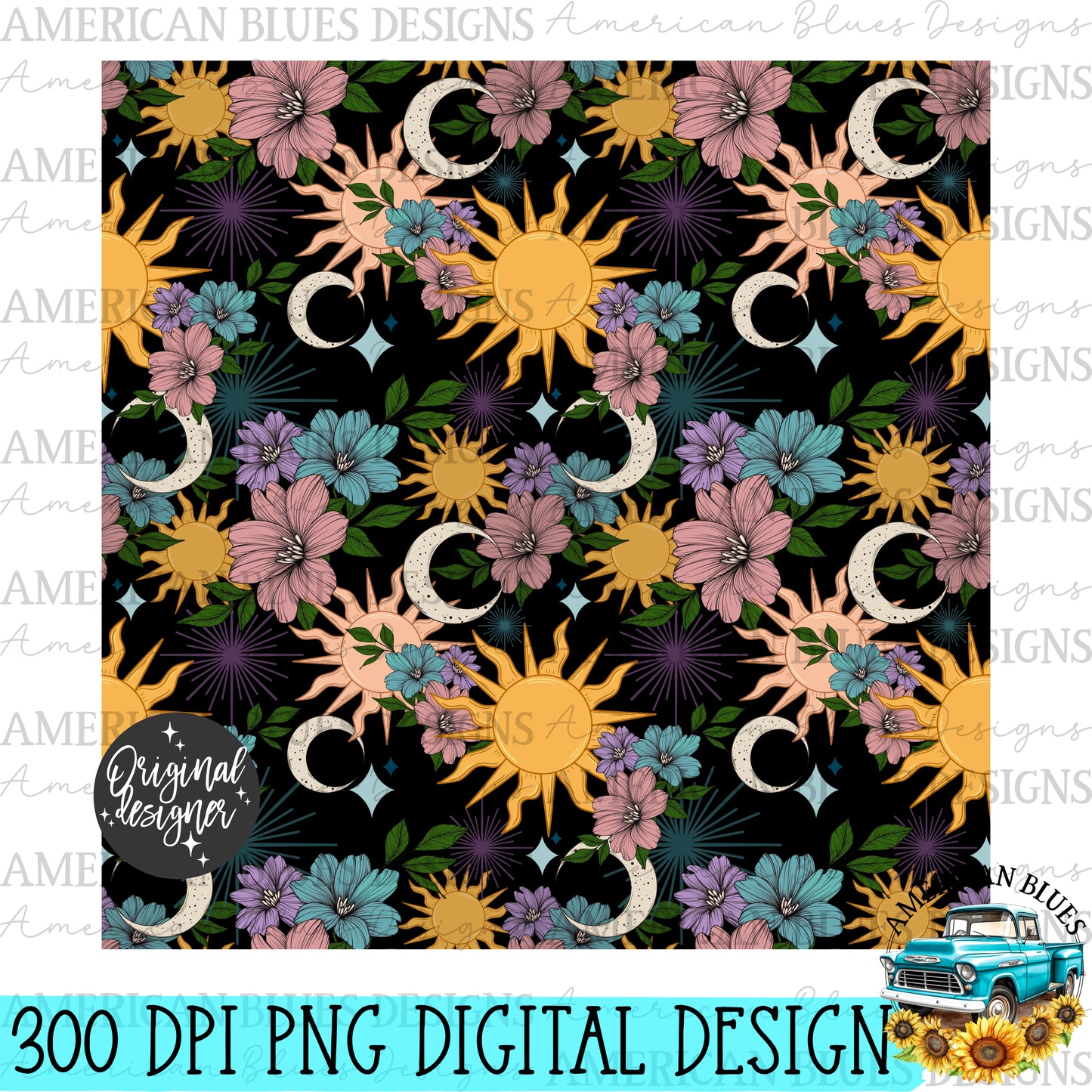 Mystical Moon seamless pattern- black background