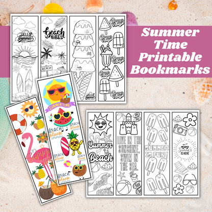 Printable Summer Bookmarks for Kids | Color-Your-Own + Full Color | Instant Download PDF | US Letter Size