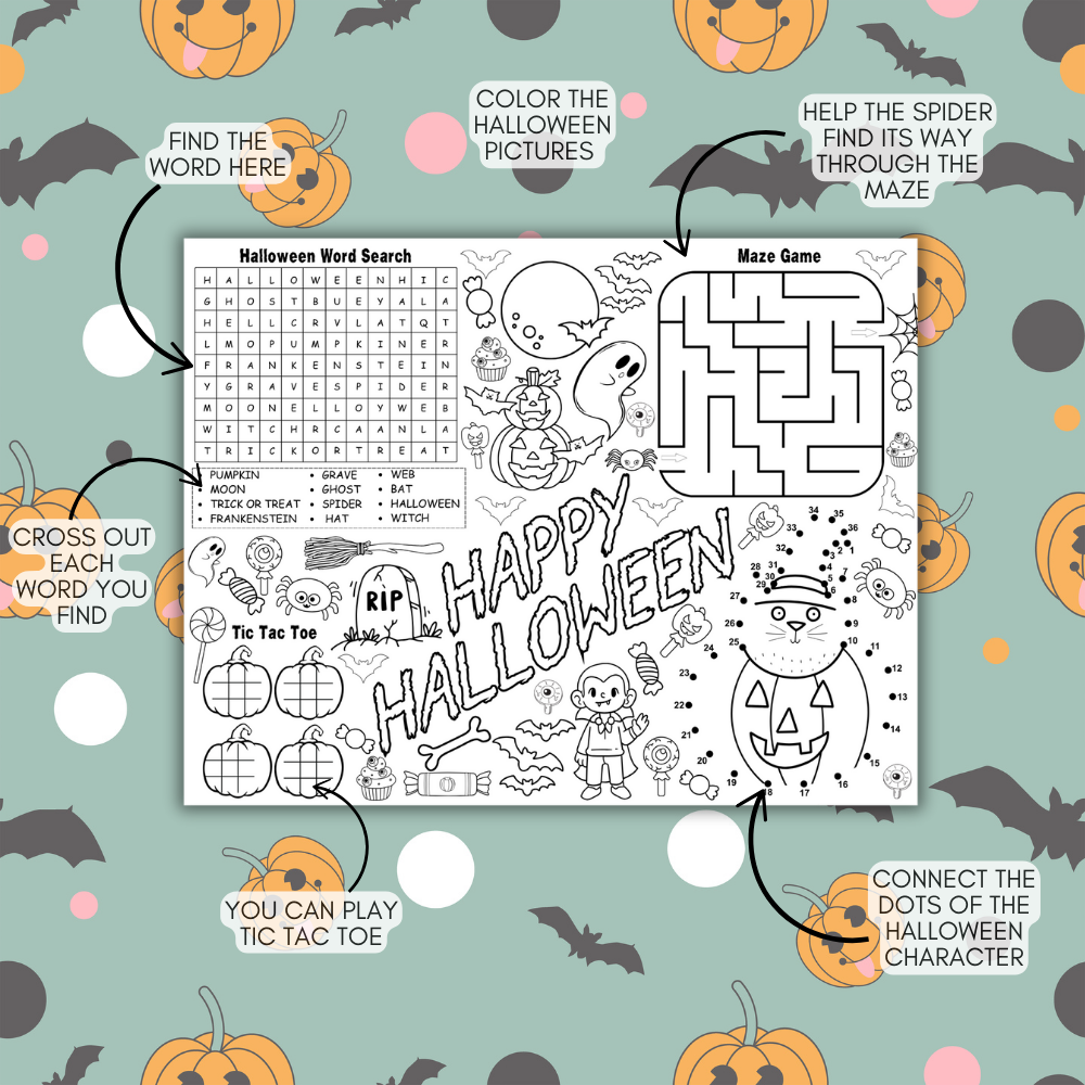 Halloween Printable Activity Placemats – 5 Page Kids Activity Set