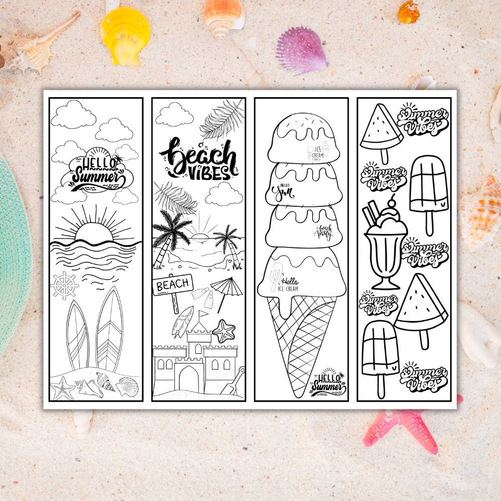 Printable Summer Bookmarks for Kids | Color-Your-Own + Full Color | Instant Download PDF | US Letter Size