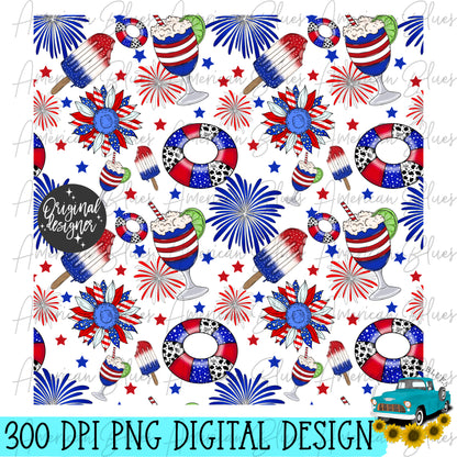 4th of July tubes, floats and flowers seamless pattern