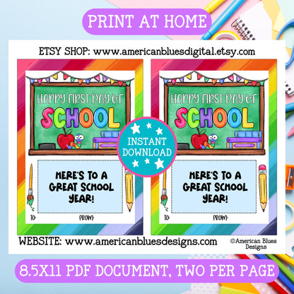 Happy First Day of School Cute Worm Teacher Back to School Gift Card Holders – Printable 5x7 Cards (2 per Page)