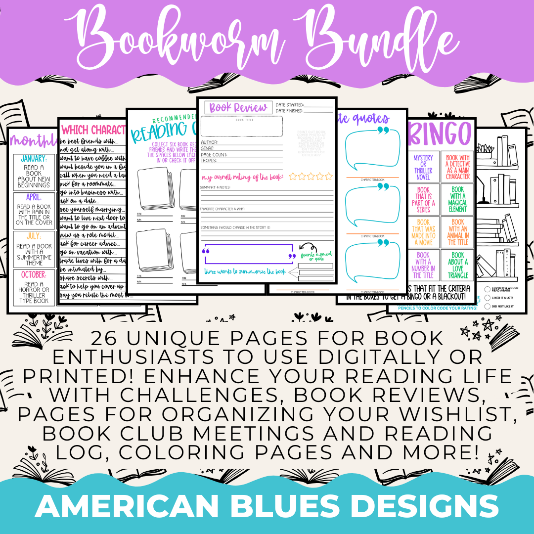 Bookworm Bundle – 26 Unique Pages for Reading Challenges, Reviews & More | American Blues Designs