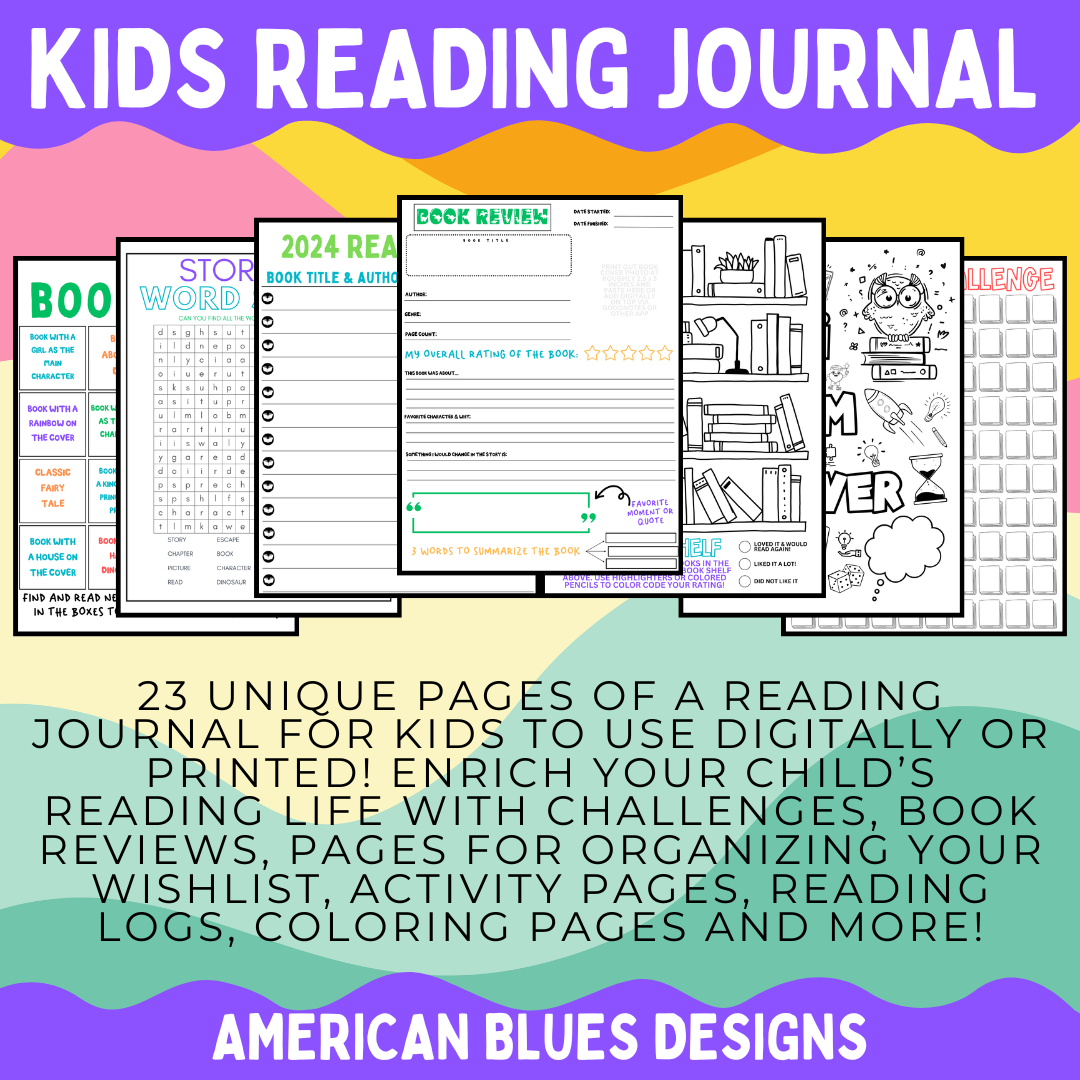 Kids Reading Journal – 23 Unique Pages for Book Reviews, Reading Logs & More | American Blues Designs