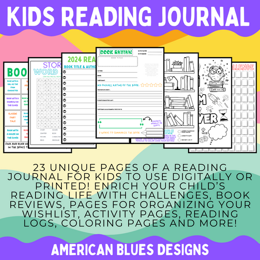 Kids Reading Journal – 23 Unique Pages for Book Reviews, Reading Logs & More | American Blues Designs