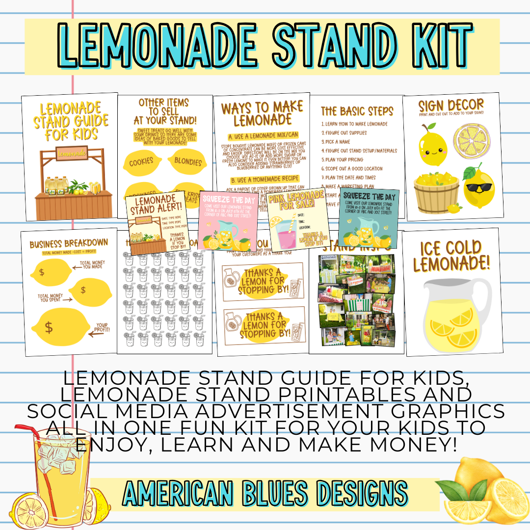 Lemonade Stand Kit for Kids – Printable Guides, Signs, Recipes & More | American Blues Designs