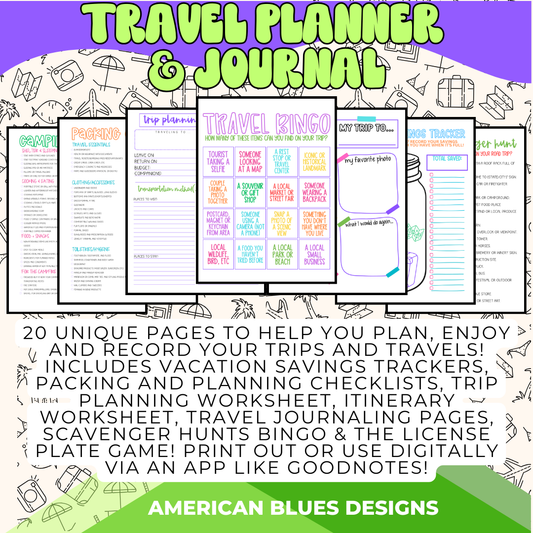 Travel Planning Bundle – 20 Unique Pages for Organizing & Enjoying Your Trips | American Blues Designs