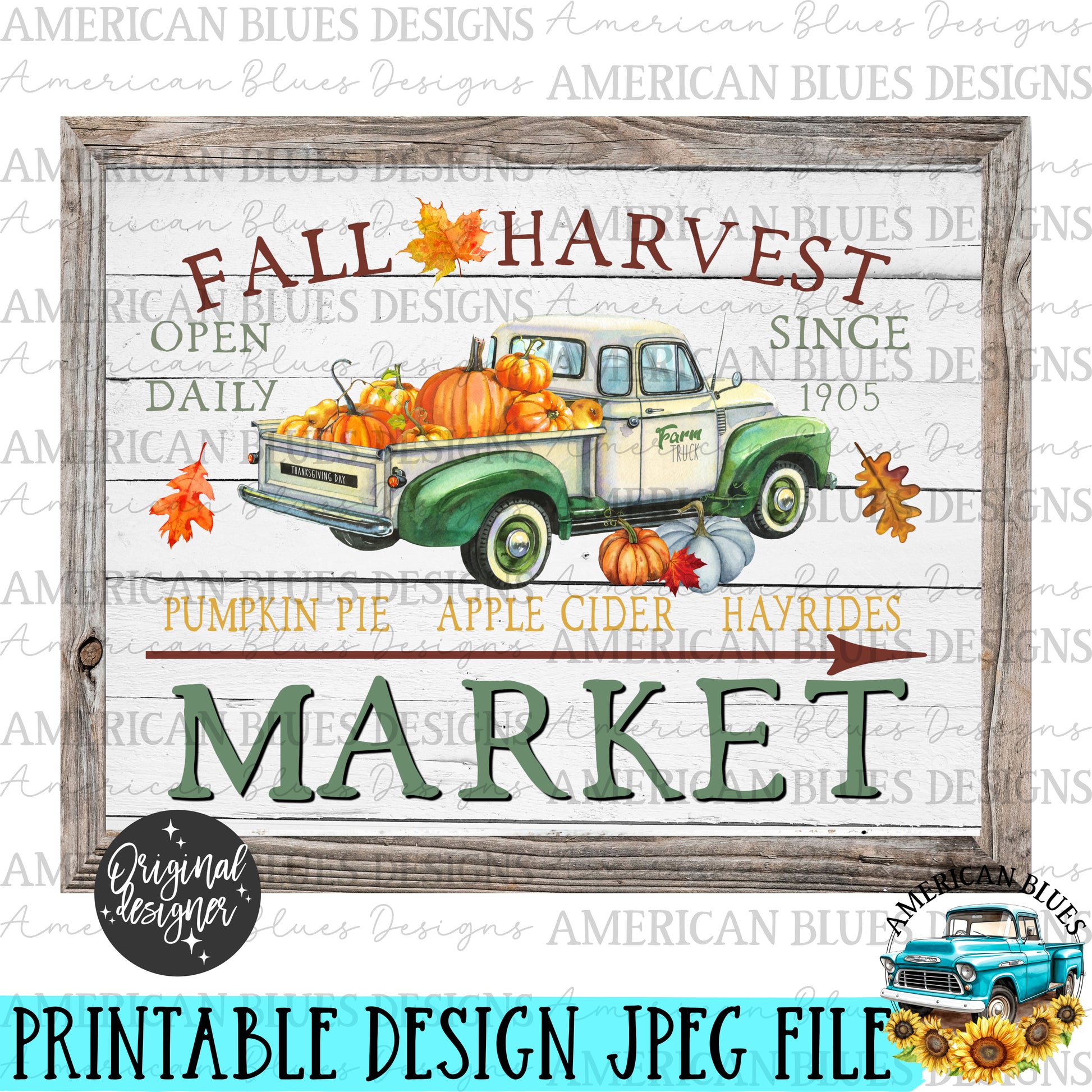 Fall Harvest Market with old vintage truck printable art | American Blues Designs