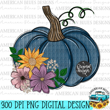 Blue jean pumpkin & flowers- fabric texture