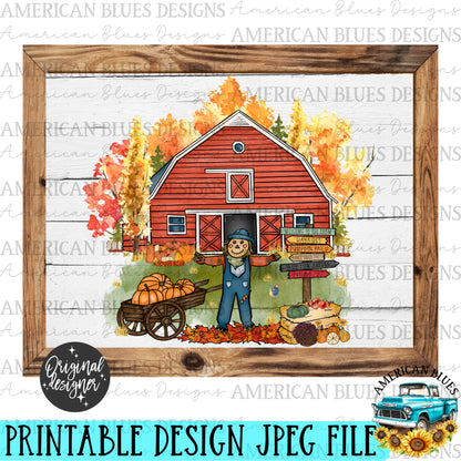 Red barn and scarecrow Fall & Autumn Printable Art