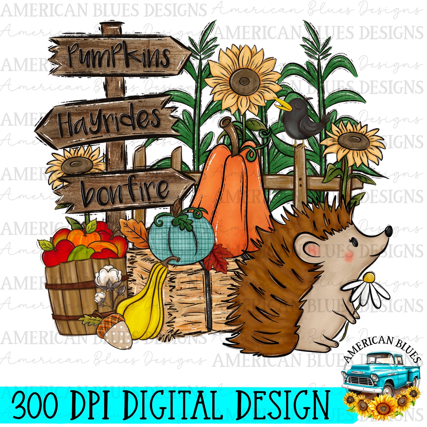 Autumn Hedgehog digital design | American Blues Designs 