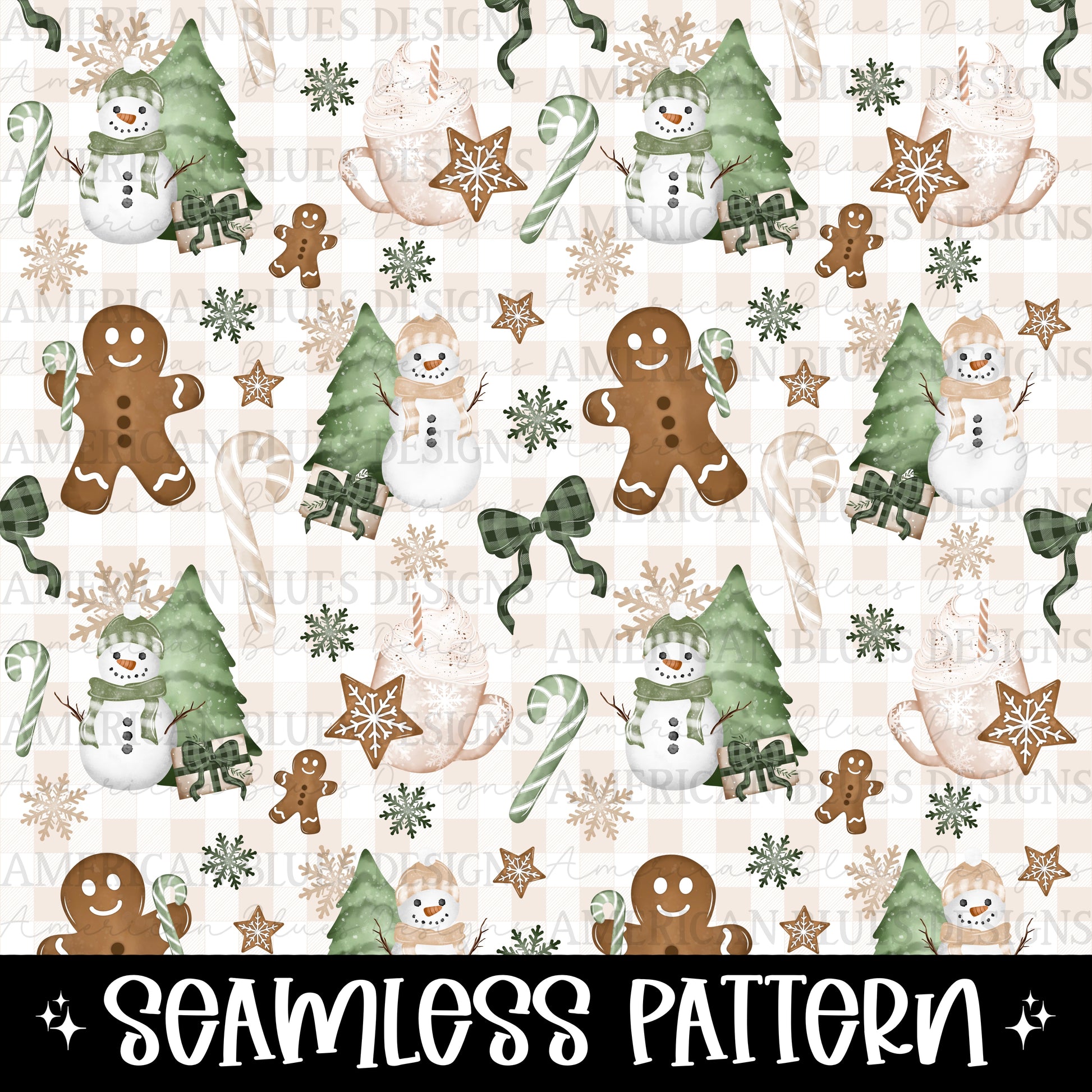 Gingerbread & Snowman watercolor seamless pattern digital design | American Blues Designs