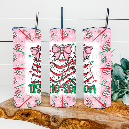 Tis the Season, Coquette Christmas Tree Cake 20 oz tumbler wrap | American Blues Designs