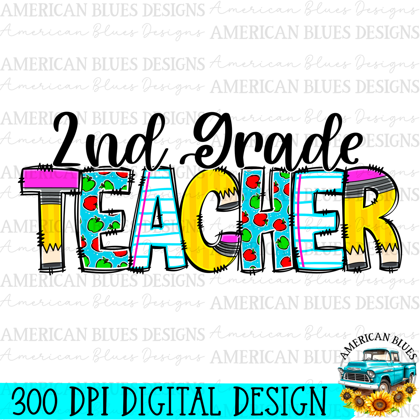 2nd grade Teacher digital design | American Blues Designs 