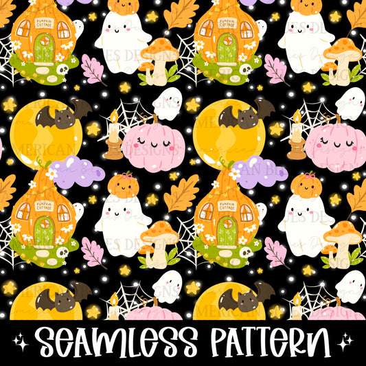 Pumpkin Cottage seamless pattern 2 colorways