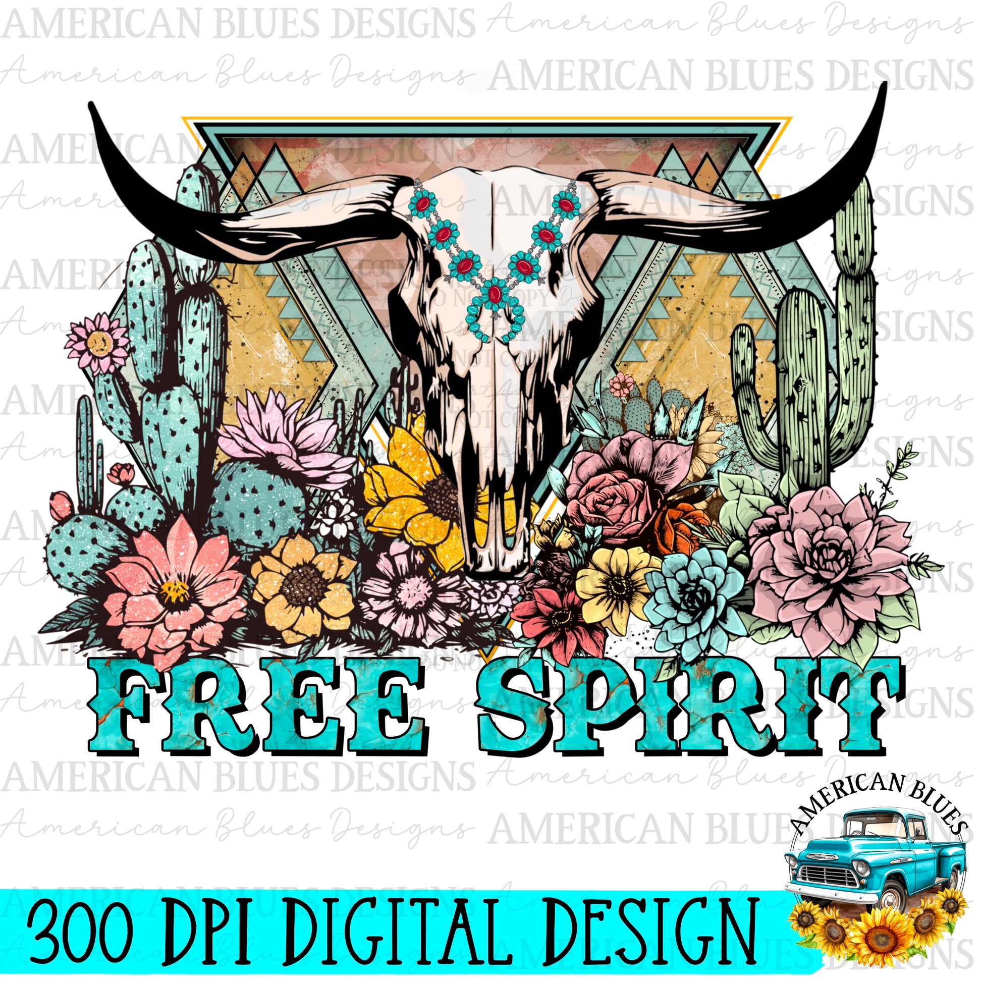 Free Spirit turquoise bull skull digital design | American Blues Designs 