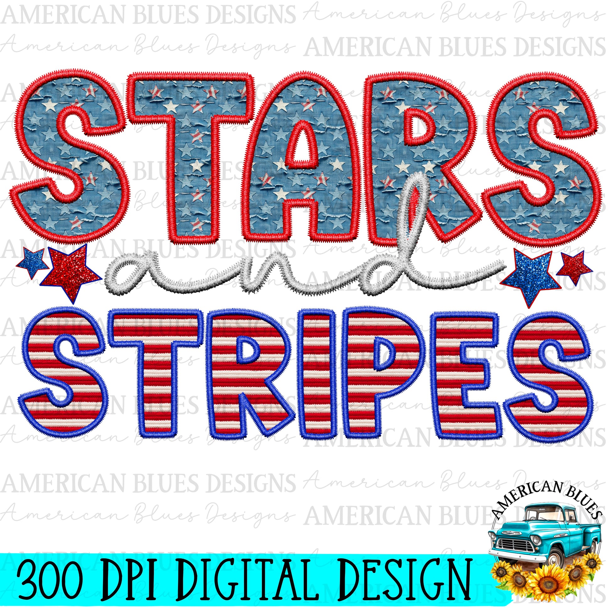 Stars & Stripes - faux embroidery digital design | American Blues Designs 