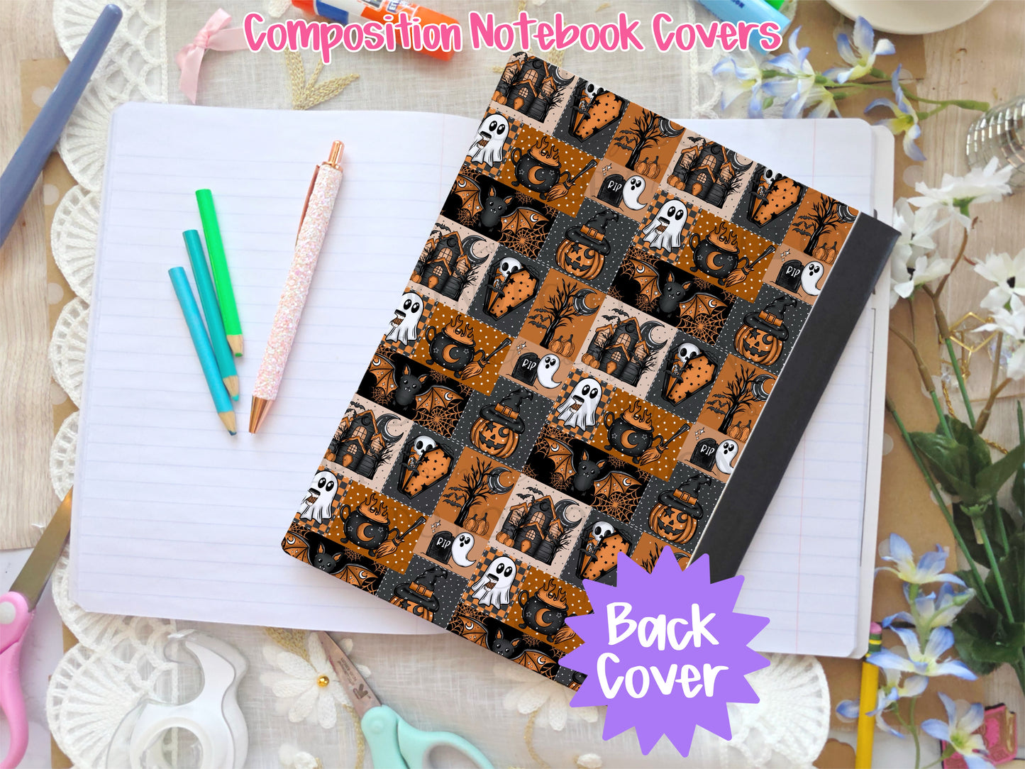 Vintage Halloween Patchwork Composition Notebook Cover