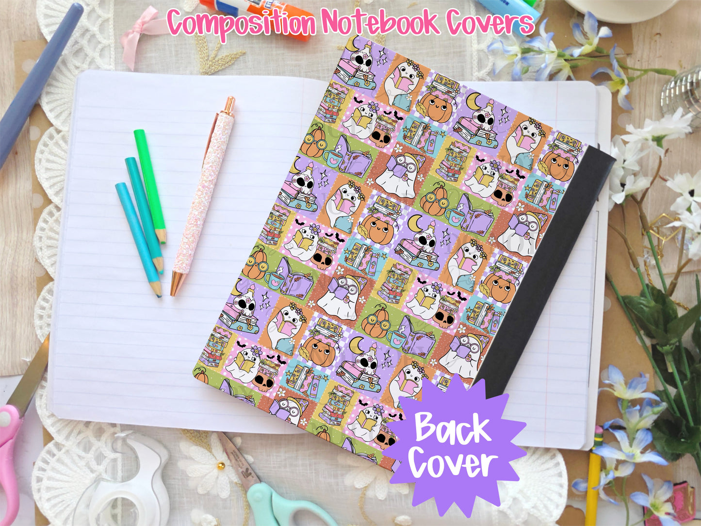 Bookish Ghostie Patchwork Composition Notebook Cover