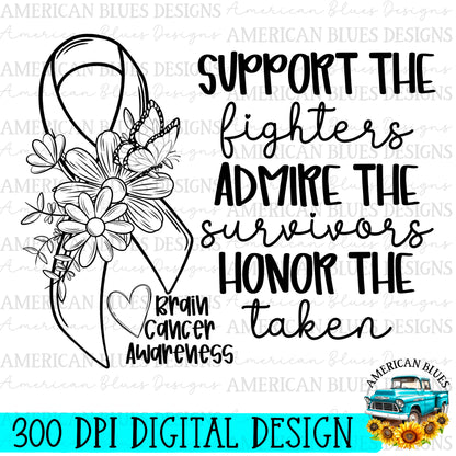 Support, Admire, Honor - Brain Cancer Awareness digital design | American Blues Designs 