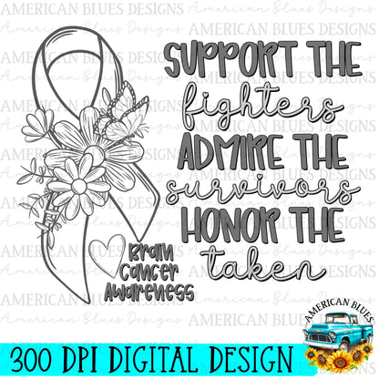 Support, Admire, Honor - Brain Cancer Awareness digital design | American Blues Designs 