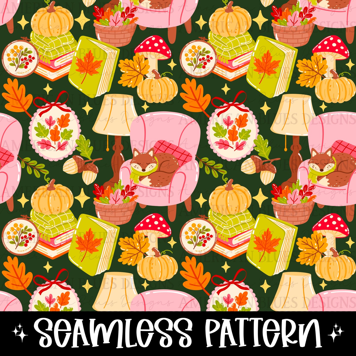 Cozy Fall Bookish Fox seamless pattern