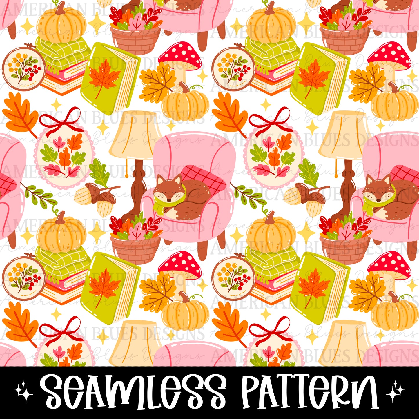 Cozy Fall Bookish Fox seamless pattern