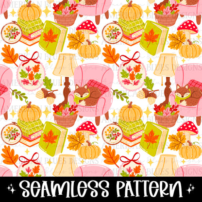 Cozy Fall Bookish Fox seamless pattern