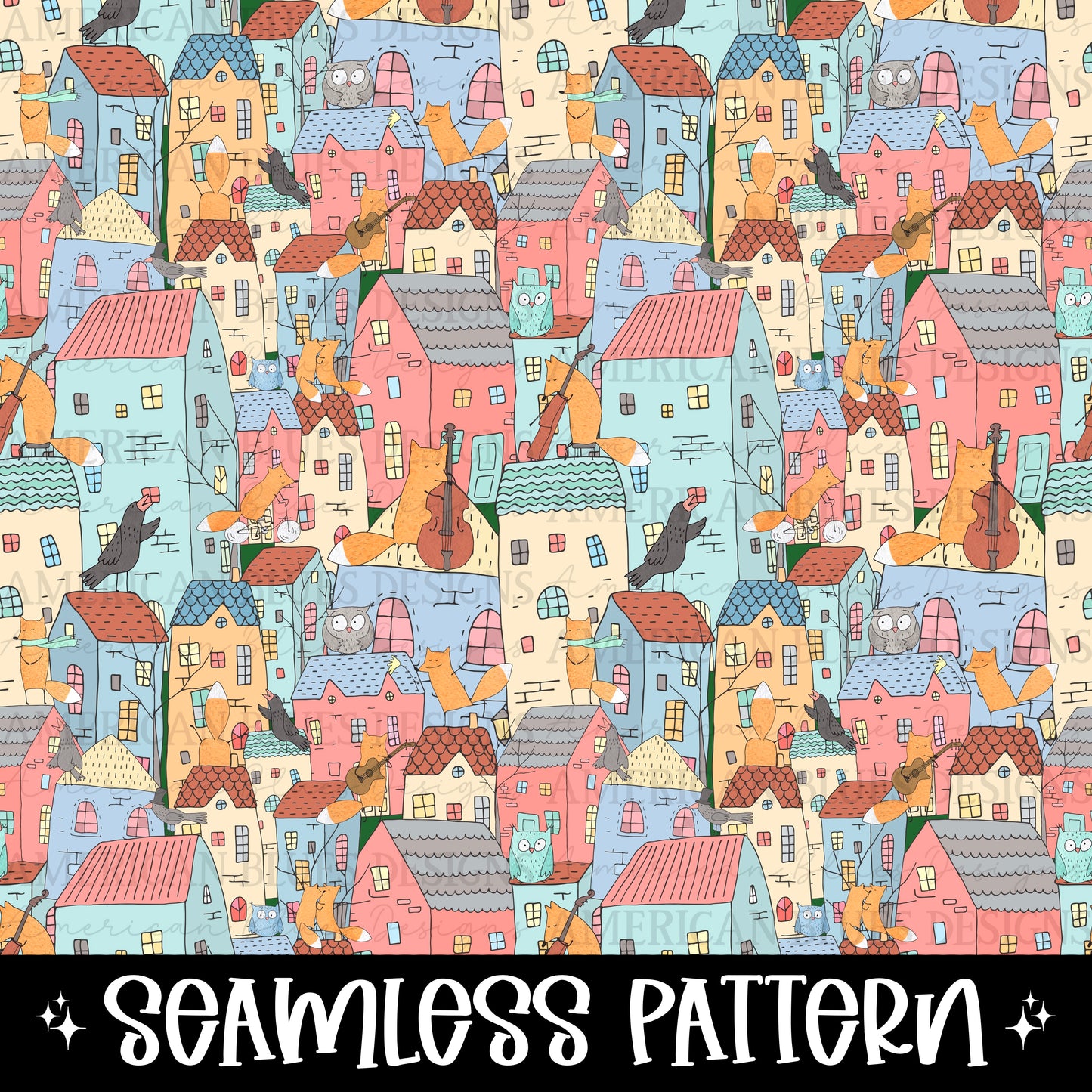 Fox Village seamless pattern