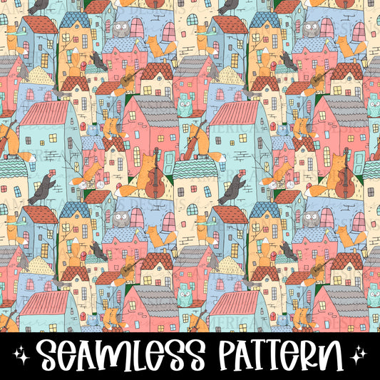 Fox Village seamless pattern