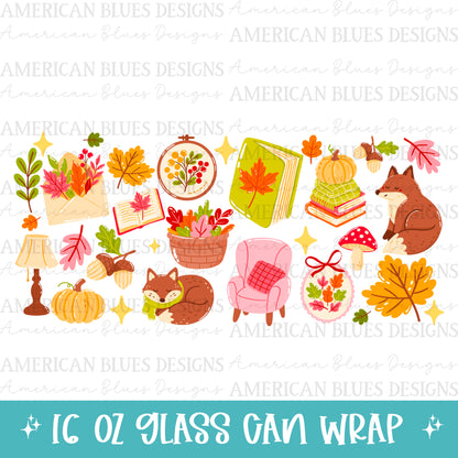 Cozy Fall Bookish Fox 16oz glass can wrap