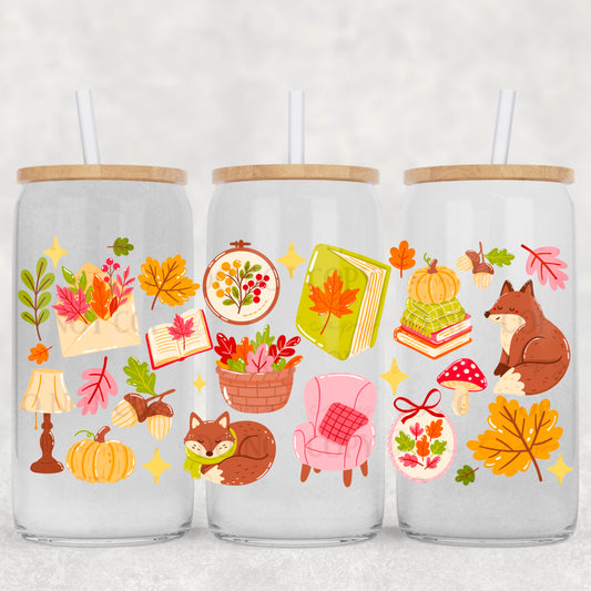 Cozy Fall Bookish Fox 16oz glass can wrap