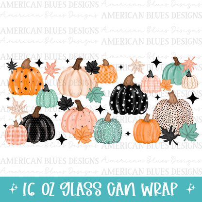 Teal, Orange, Pink & Black Pumpkins 16oz glass can wrap