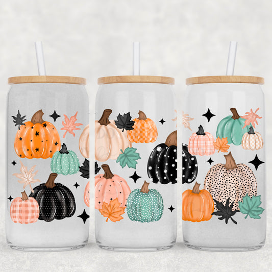 Teal, Orange, Pink & Black Pumpkins 16oz glass can wrap