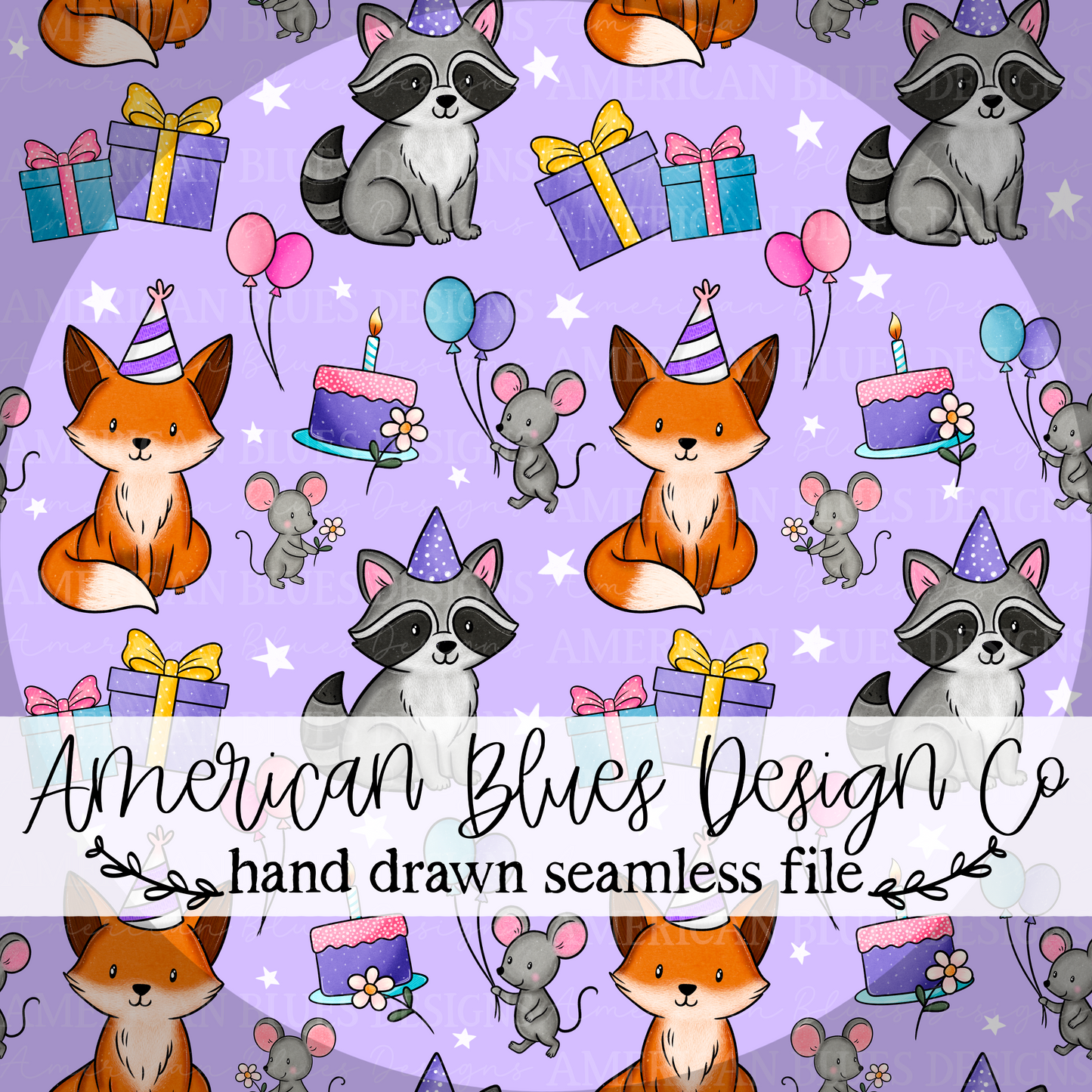 Birthday Fox & Friends seamless pattern