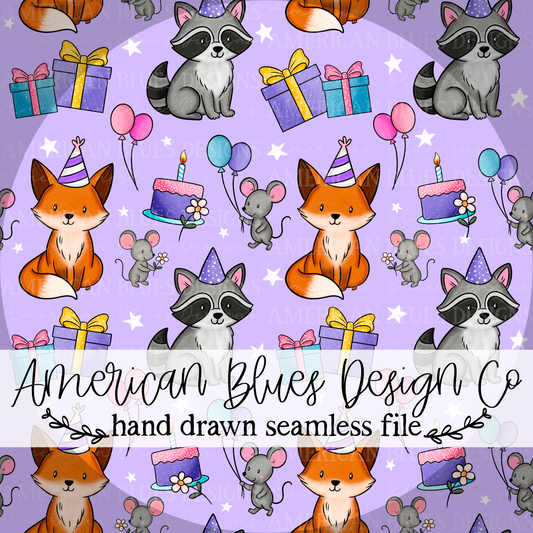 Birthday Fox & Friends seamless pattern