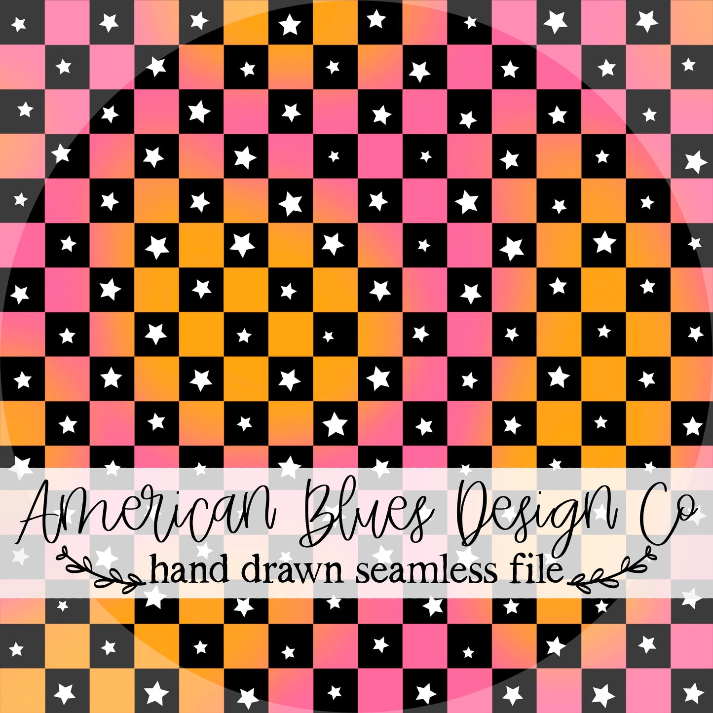 Pink and Orange checkered star seamless pattern