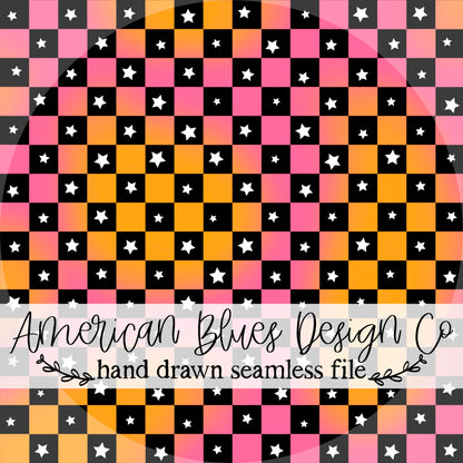Pink and Orange checkered star seamless pattern