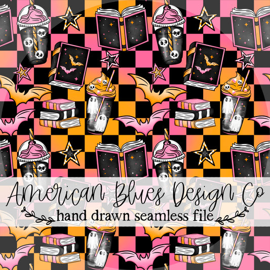 Spooky Books & Coffee seamless pattern