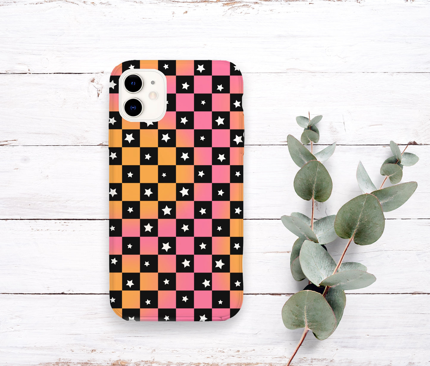 Pink and Orange checkered star seamless pattern
