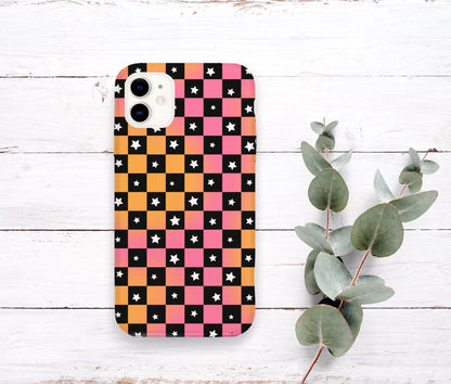 Pink and Orange checkered star seamless pattern