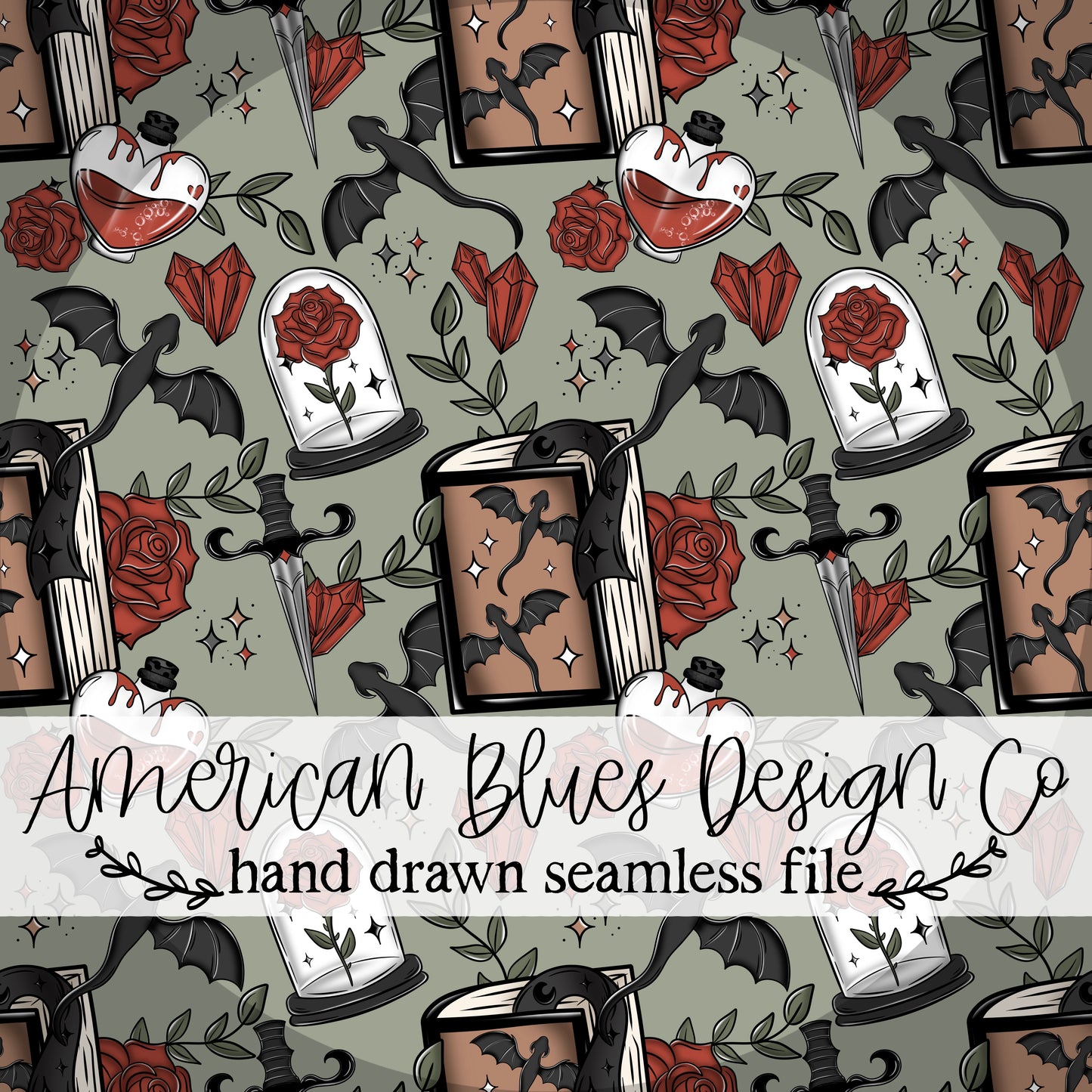 Fantasy Dragon & Red Roses Bookish seamless