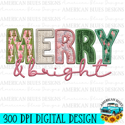 Merry and Bright Faux Embroidery Digital Design | American Blues Designs