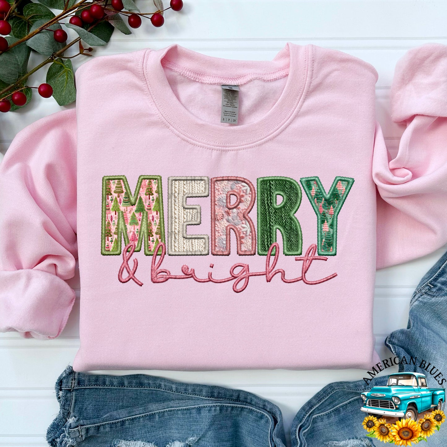 Merry and Bright Faux Embroidery Digital Design | American Blues Designs