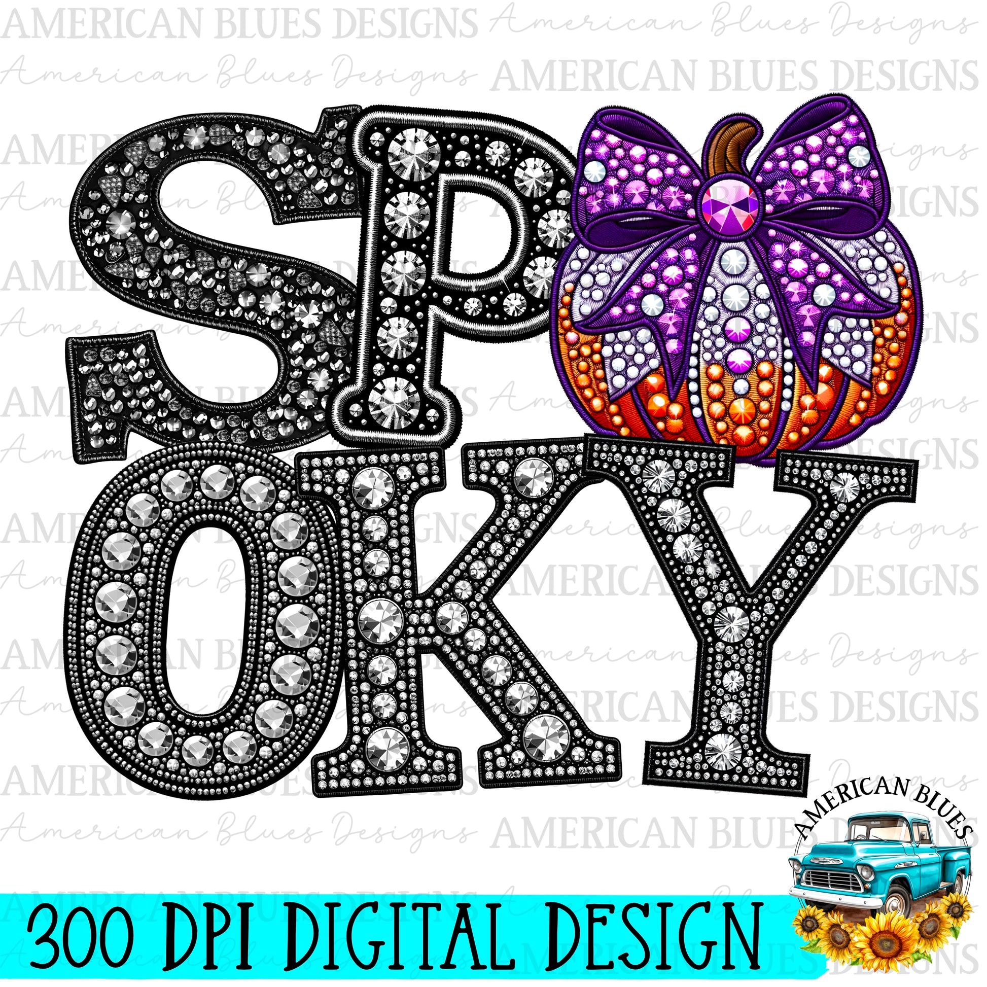 Spooky rhinestone pumpkin with purple bow digital design | American Blues Designs