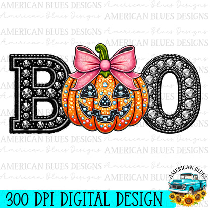 BOO rhinestone pumpkin with pink bow digital design | American Blues Designs