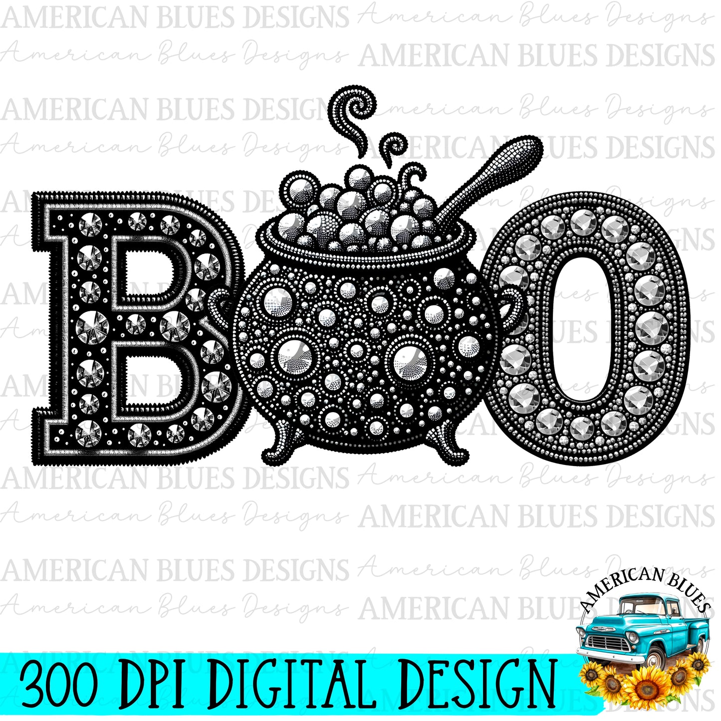 BOO rhinestone cauldron digital design | American Blues Designs